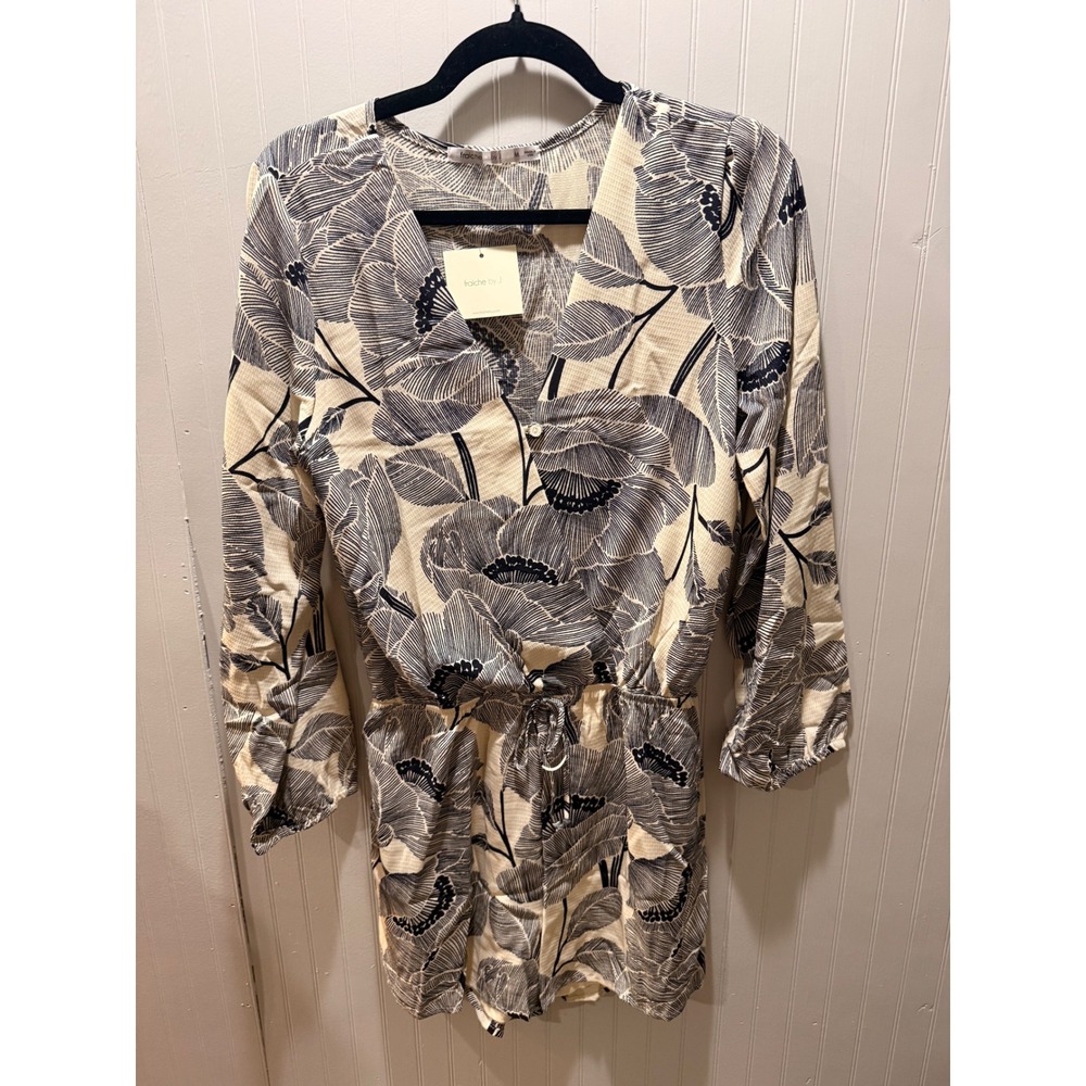 Fraiche by J Womens Floral Leaf Print‎ Long Sleeve Romper Cream Black Size M NWT